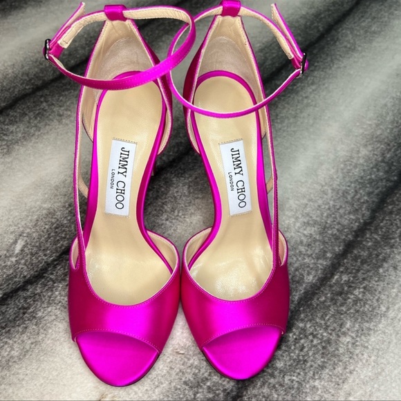 Jimmy Choo Shoes - Jimmy Choo Liu 100 Satin Heeled Sandals Fuchsia Heels
